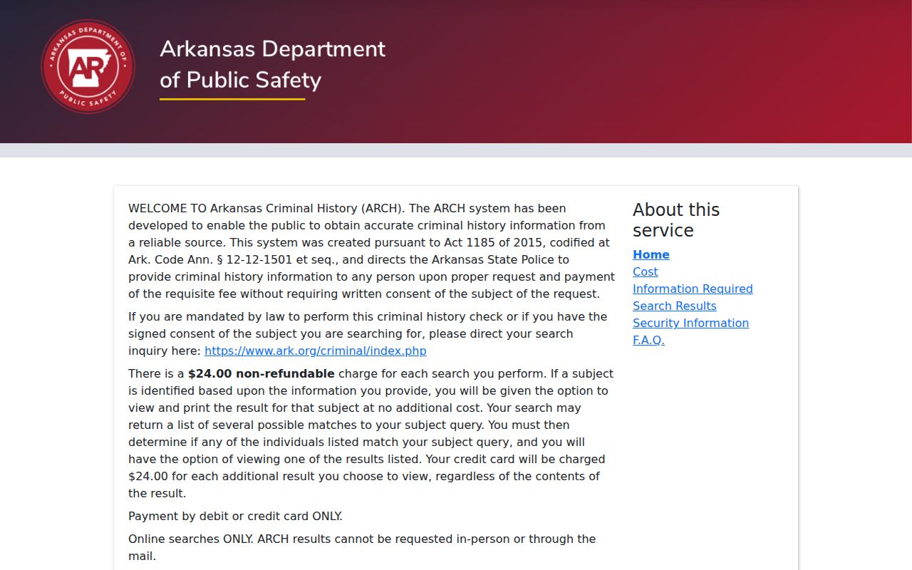 Arkansas Criminal History ARCH official search portal