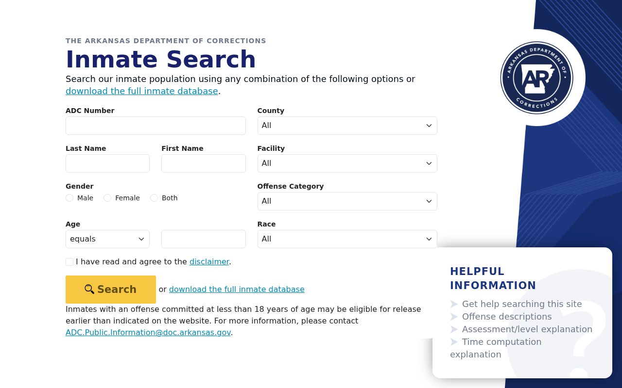Arkansas Department of Corrections inmate search form